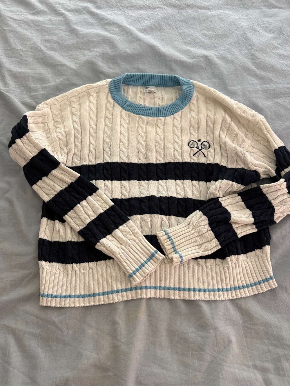 All In Motion Striped Cable-Knit Crewneck Sweater in with Light Blue Trim